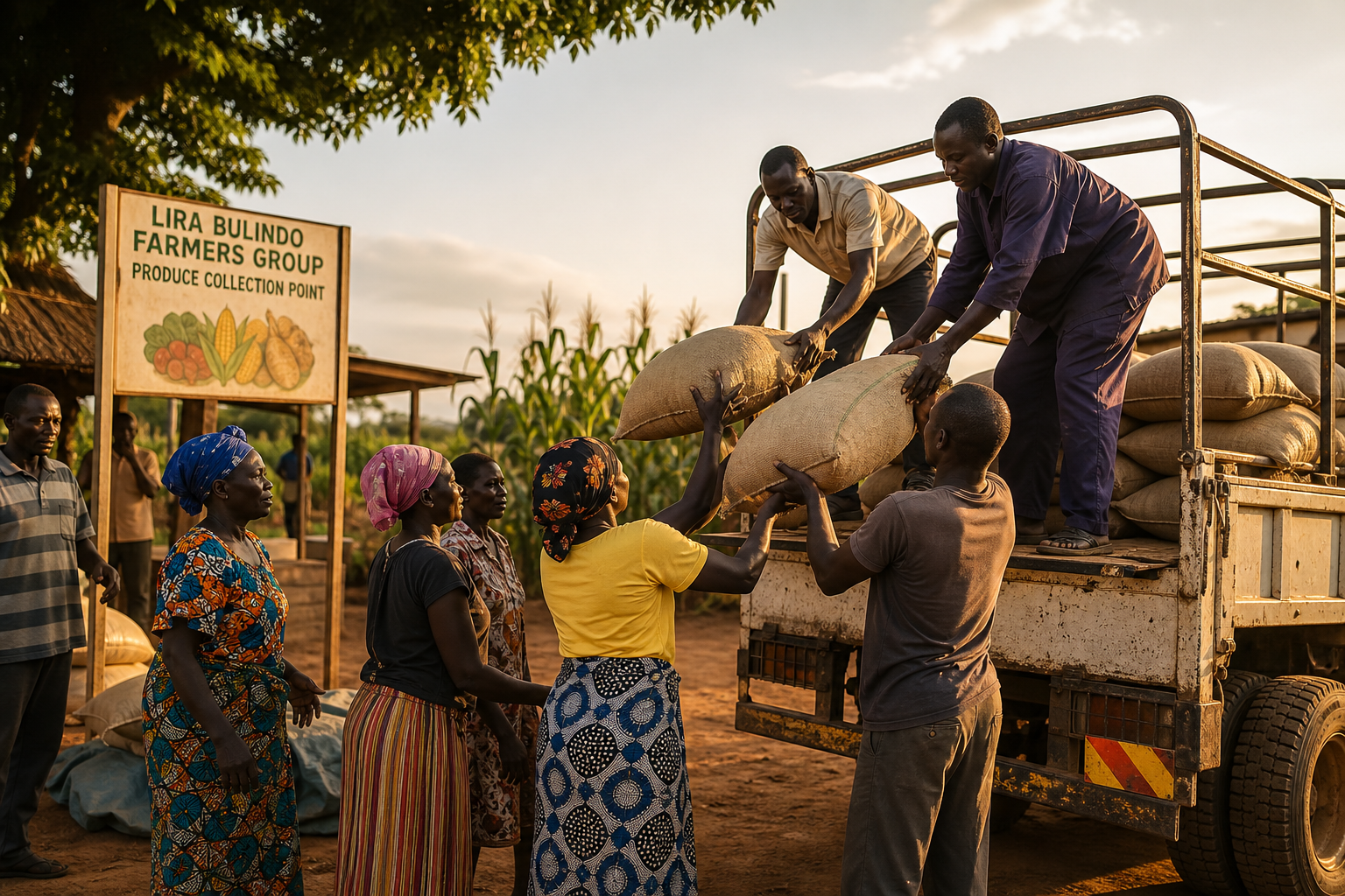 Farmers in northern Uganda loading sacks of groundnuts at a community market collection point