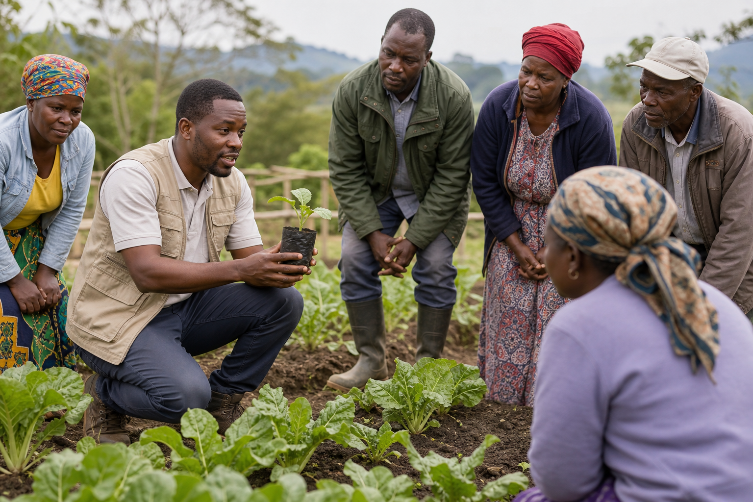 Community farming trainer demonstrating soil and seed techniques to a small group outdoors