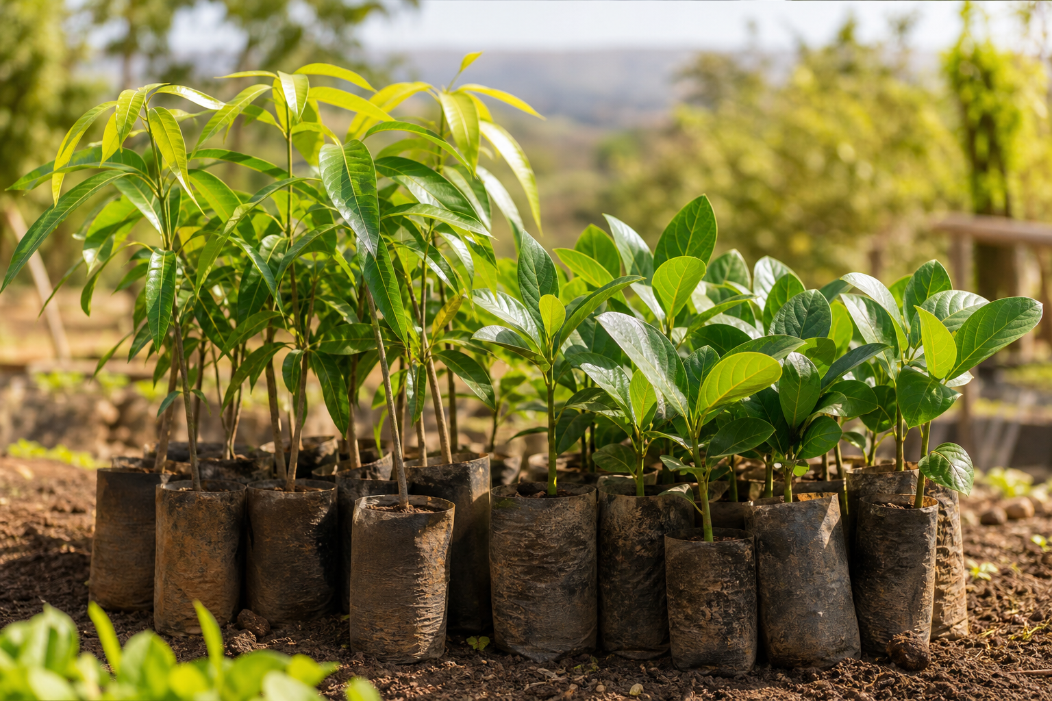 Young mango and avocado saplings in biodegradable nursery bags arranged for planting