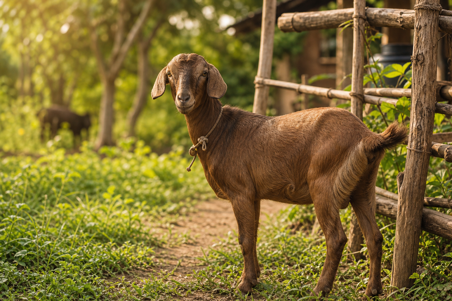 Brown dairy goat standing beside a smallholder farm fence in warm afternoon light