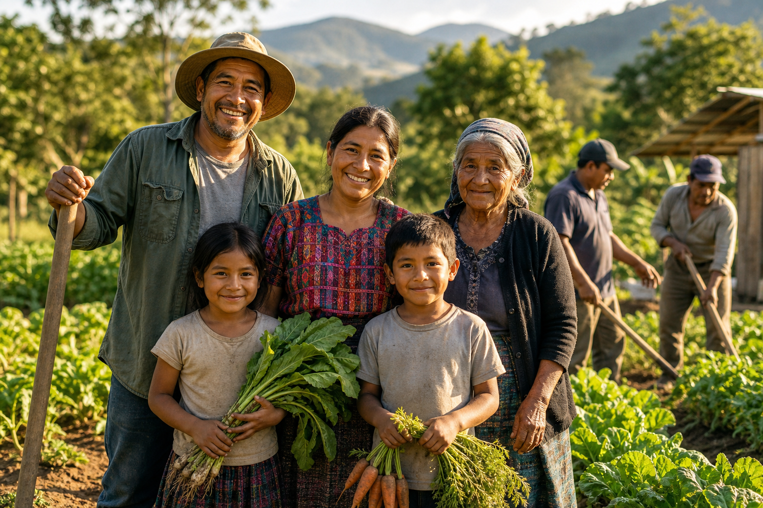 Warm natural-light scene of a farming family standing together in an outdoor field with crops and community members in the background