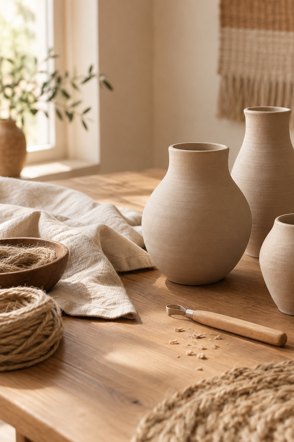 Warm artisan workspace with clay vase forms, woven linen, wooden tools, and natural light across a textured table
