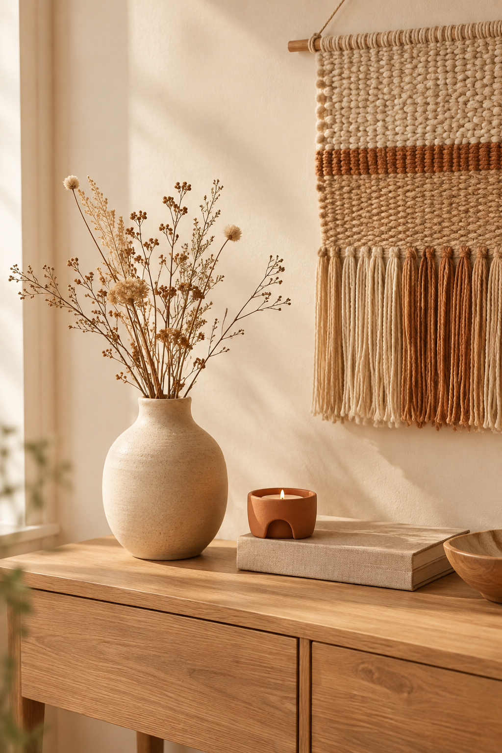 Softly styled interior corner with a ceramic vase, woven wall hanging, and a handmade candle holder on natural wood surfaces in warm afternoon light