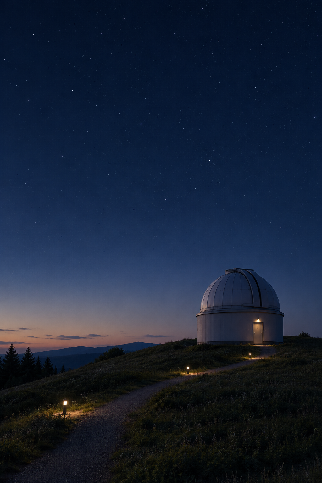 Small observatory dome on a quiet hill at dusk under a star-speckled navy sky