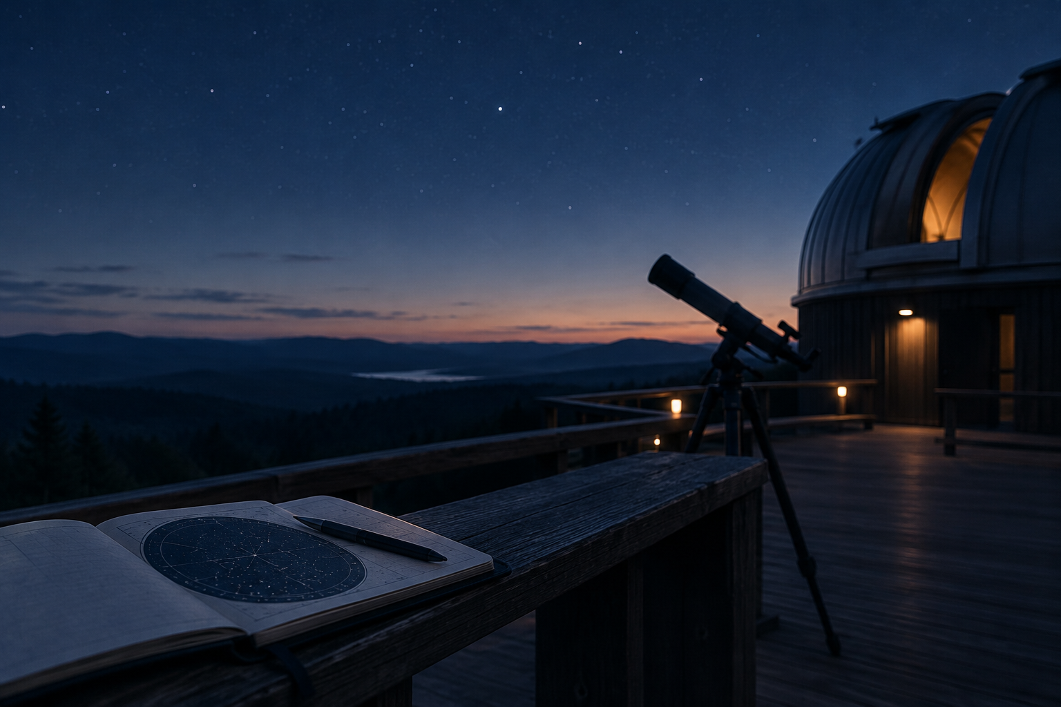 Low-light observatory railing and star map notebook at twilight with a calm navy atmosphere