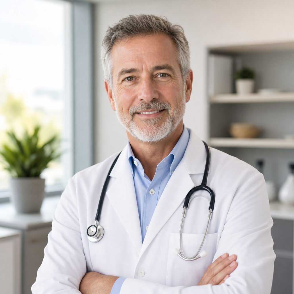 Professional portrait of a warm, approachable family physician in a modern clinic setting