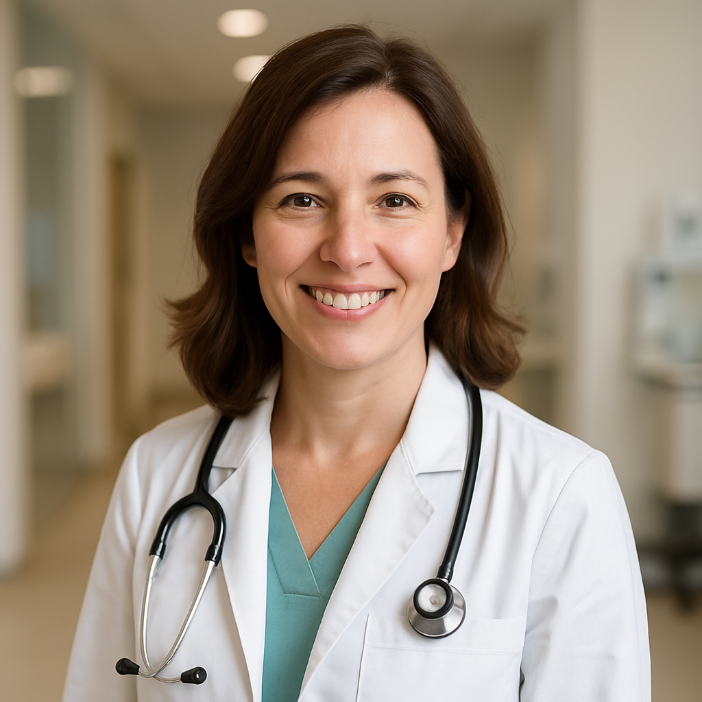 Professional portrait of a warm, approachable family physician in a modern clinic setting
