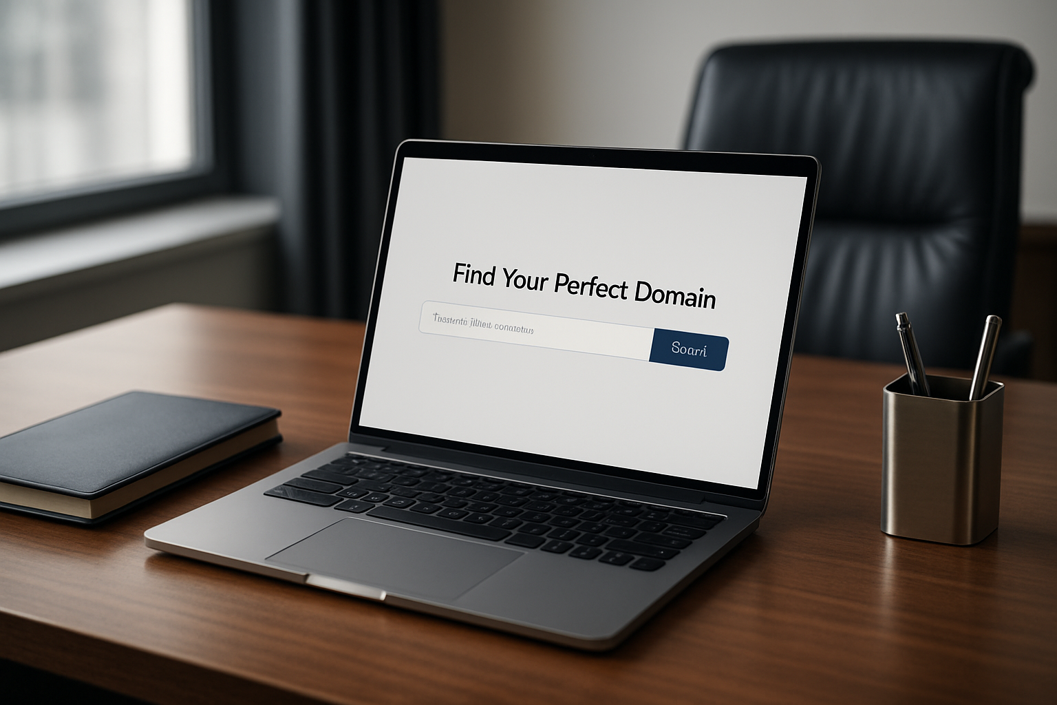 Modern executive office scene with a laptop displaying a clean domain search interface, a navy leather notebook, and brushed metal desk accessories under soft window light