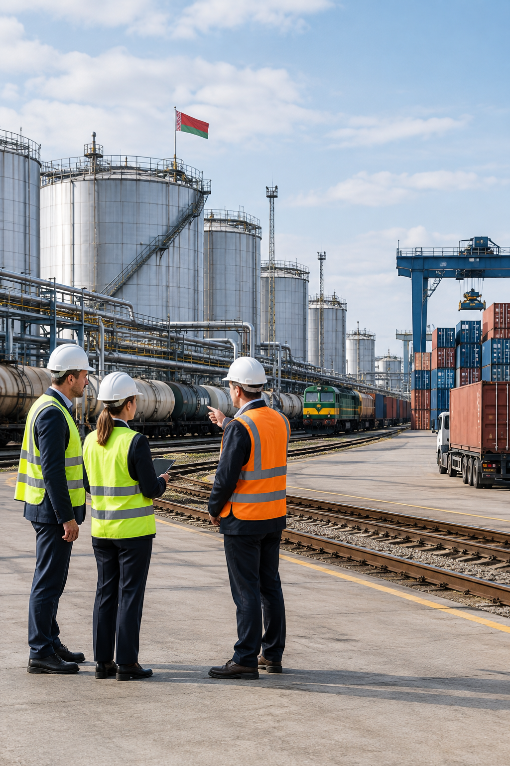 Polished corporate-industrial logistics scene with cargo handling infrastructure, fuel storage tanks, and freight movement under neutral daylight