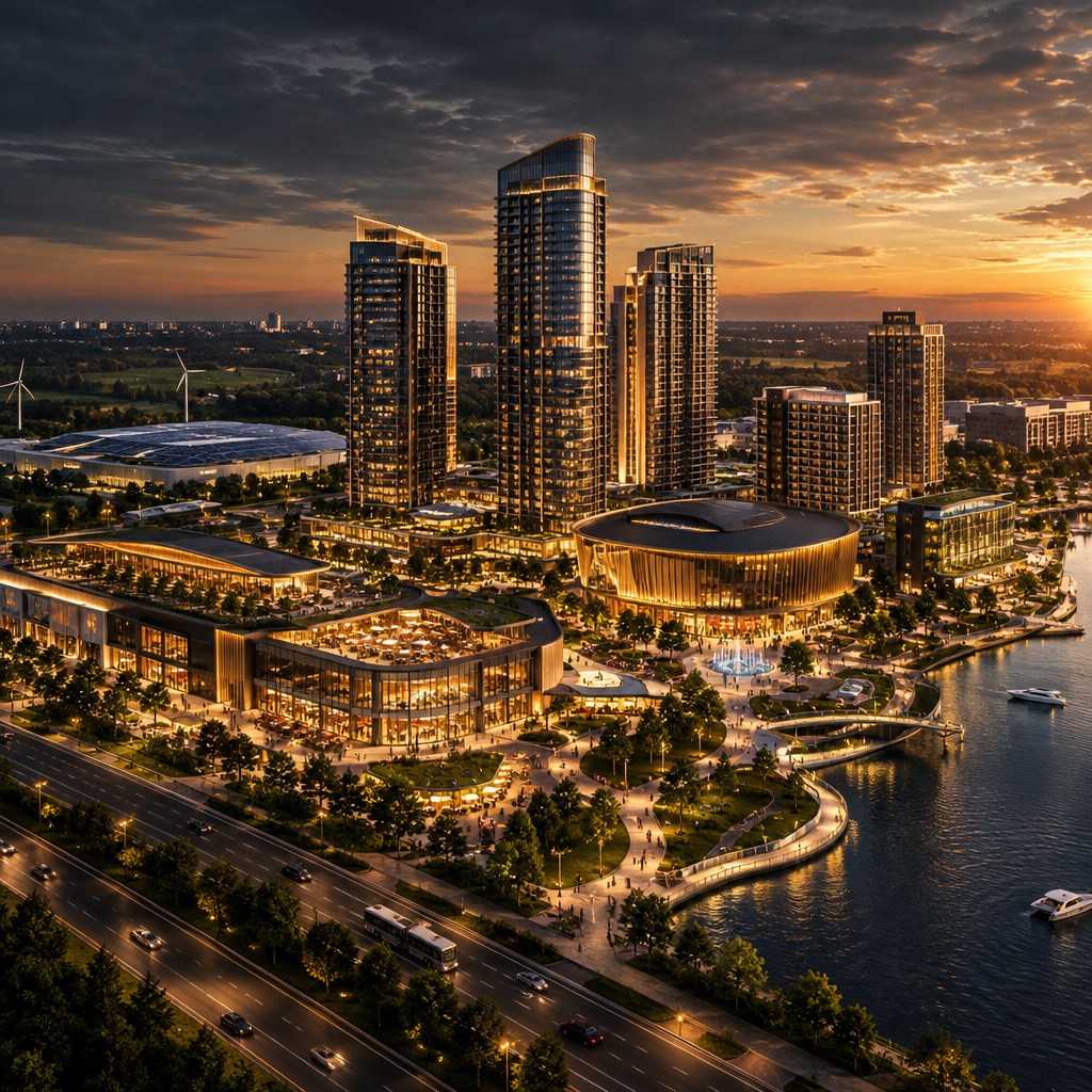 Investment presentation style aerial view of a large mixed-use development district in Belarus with modern hospitality towers, entertainment venues, retail blocks, mobility links, and landscaped infrastructure