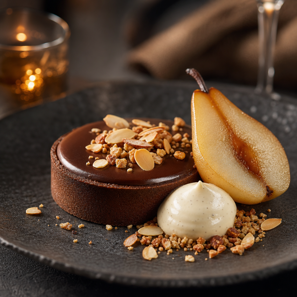 Warm chocolate tart with poached pear and vanilla crème