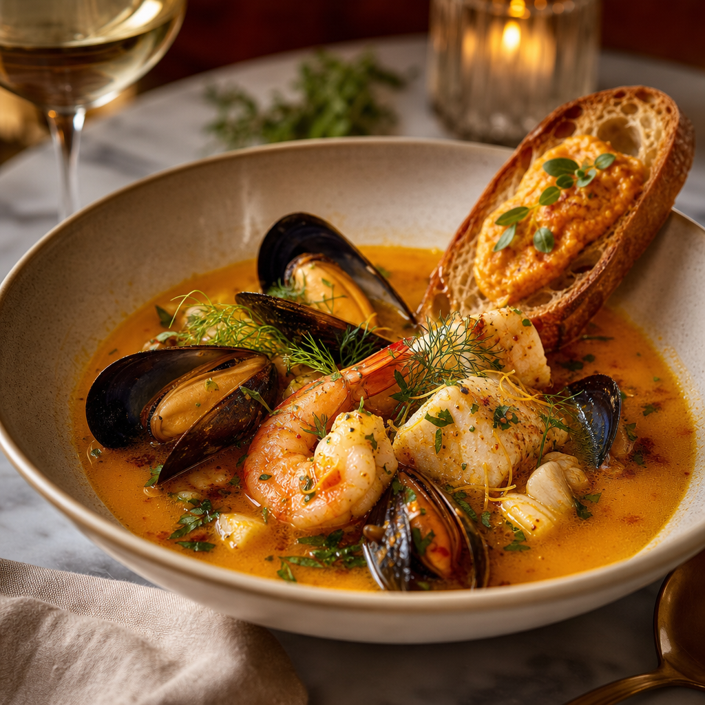 Refined bouillabaisse with mussels, shrimp, and saffron broth