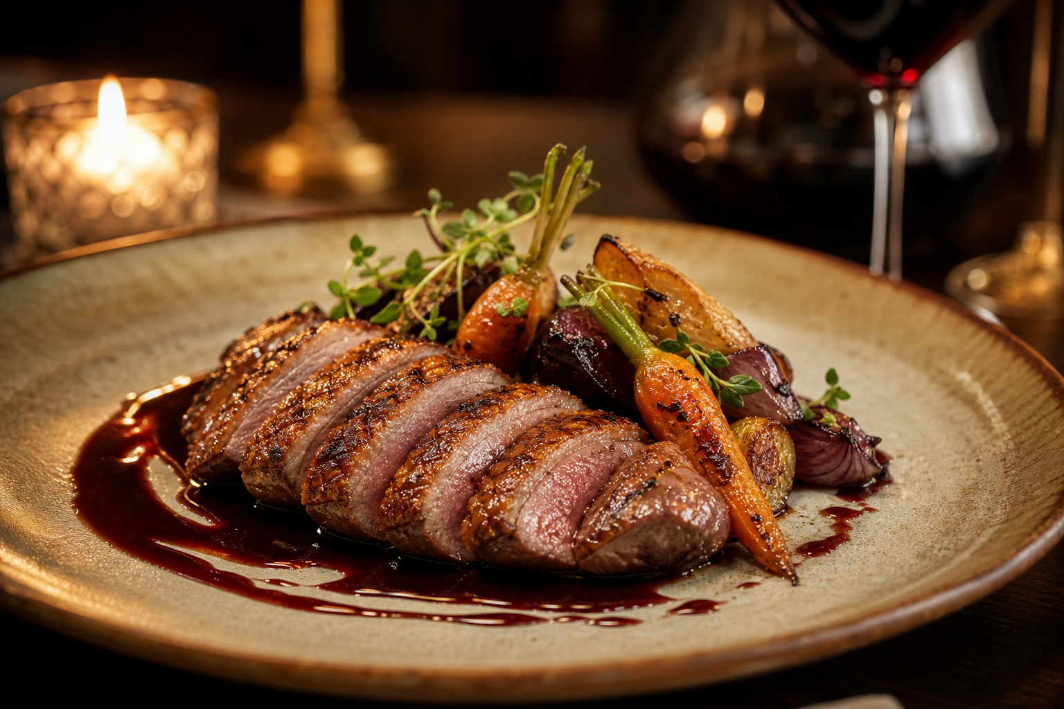 Elegant French plated dish with seared duck breast, glossy demi-glace, seasonal vegetables, and herbs on a warm ceramic plate