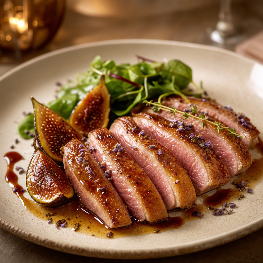 Seared duck breast with lavender honey glaze, roasted figs, and baby greens