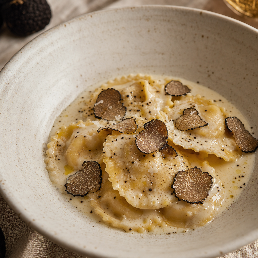 Handmade truffle ravioli in a creamy parmesan sauce with shaved black truffle