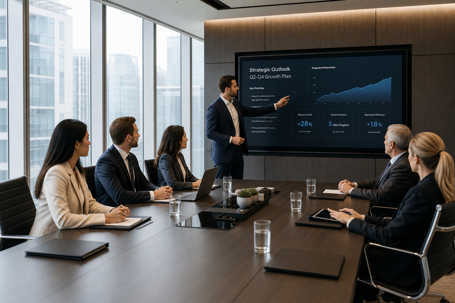 A confident executive team in a modern boardroom reviewing a strategic briefing on a large wall display