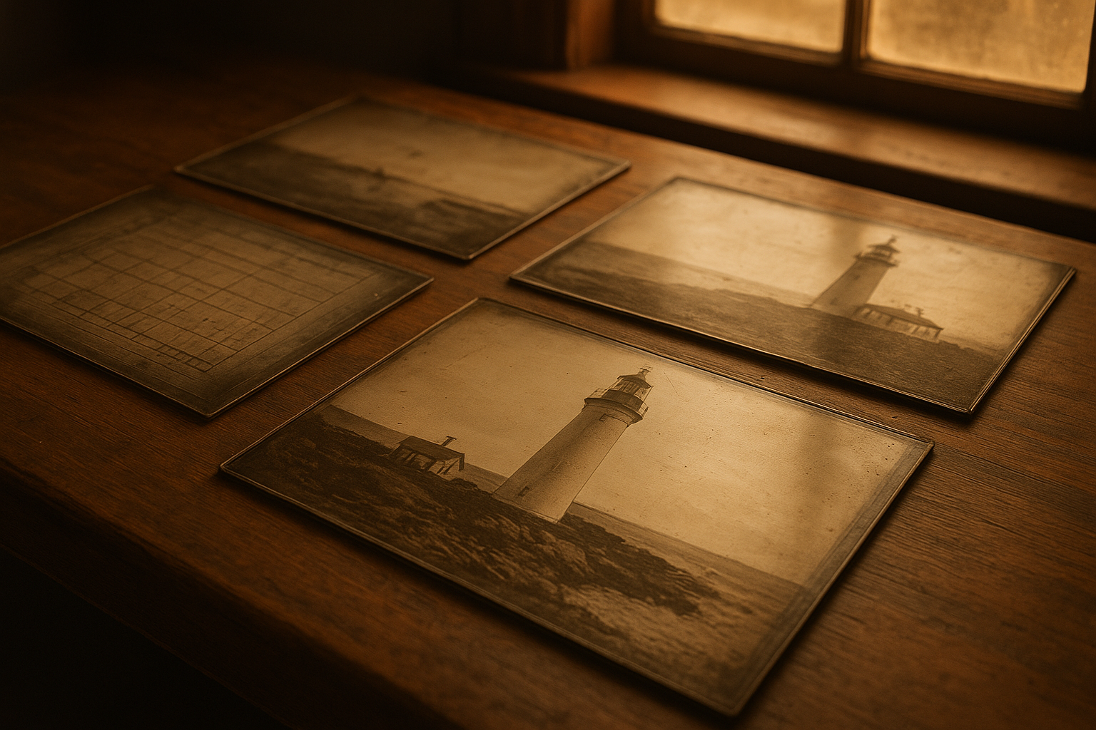 Glass plate negatives photographed on a worktable, showing late 19th-century lighthouse tower studies with warm film grain