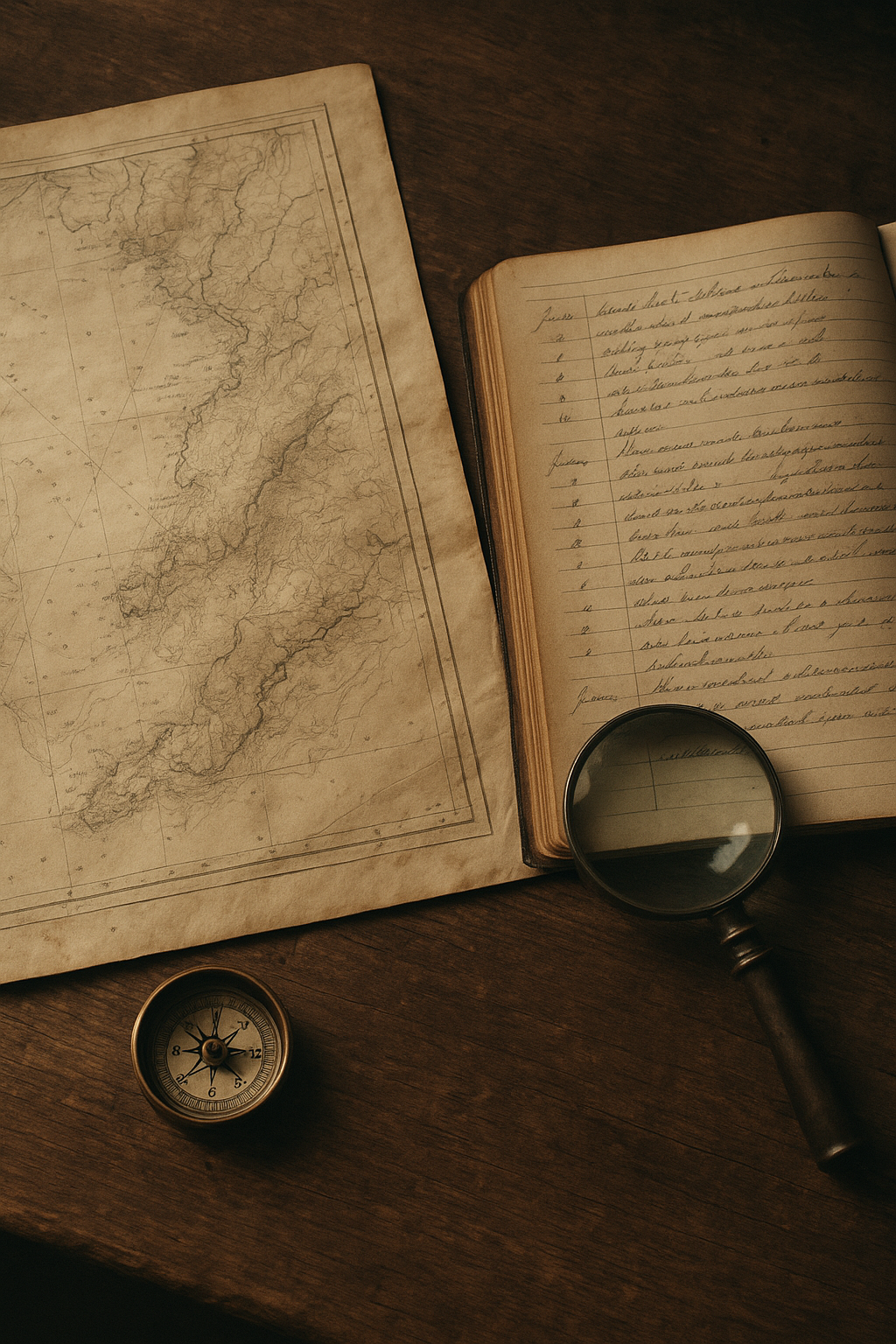 Overhead view of a weathered wooden study table with old nautical charts, handwritten lighthouse logs, a brass compass, and soft window light