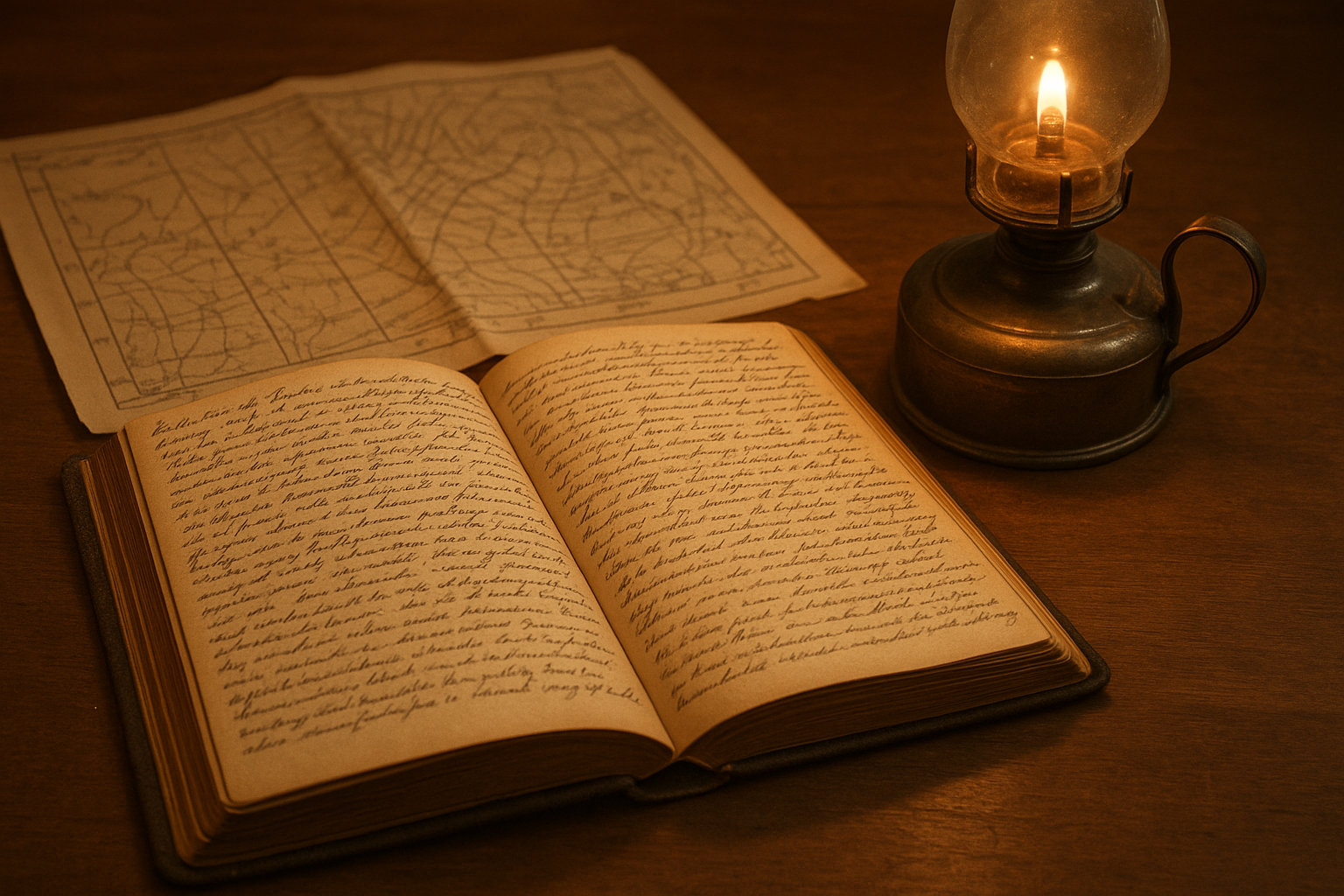 Open keeper logbook pages with handwritten margin notes beside a brass oil lamp in warm archival light