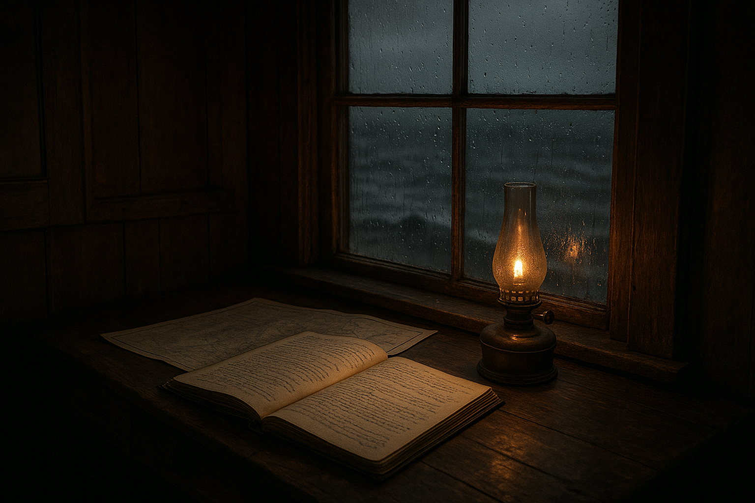 Archival-style lighthouse keeper interior with weathered logbook, brass signal lamp, and rain-streaked window facing a rough northern coast