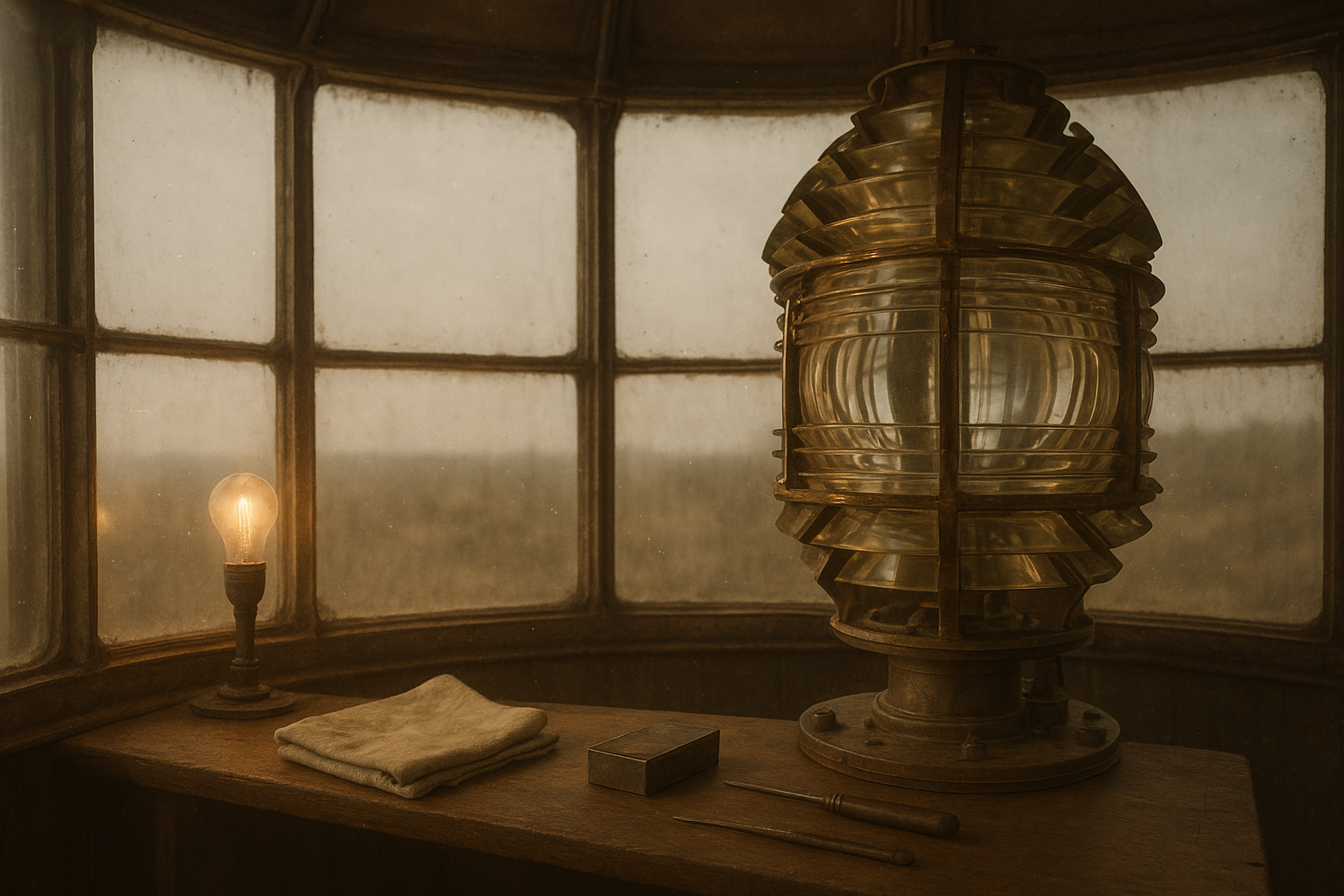 Lantern room interior with polished Fresnel lens components and maintenance tools arranged before service