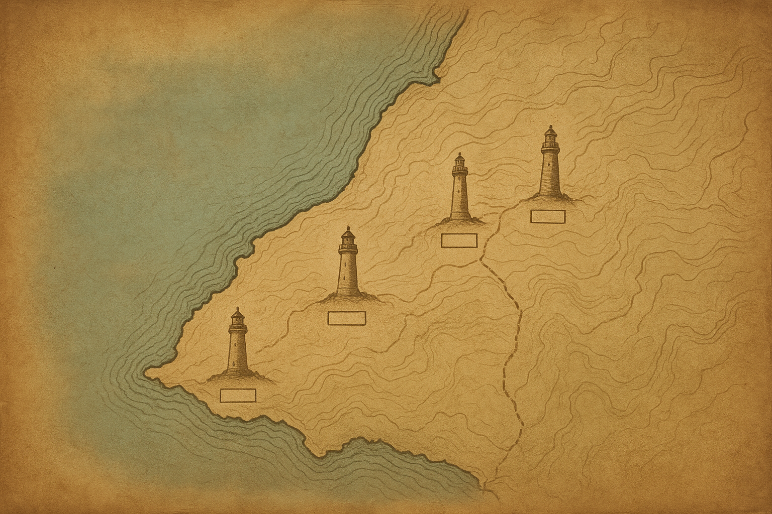 Warm archival-style coastal chart preview with marked preserved lighthouse towers, route lines, and handwritten location notes
