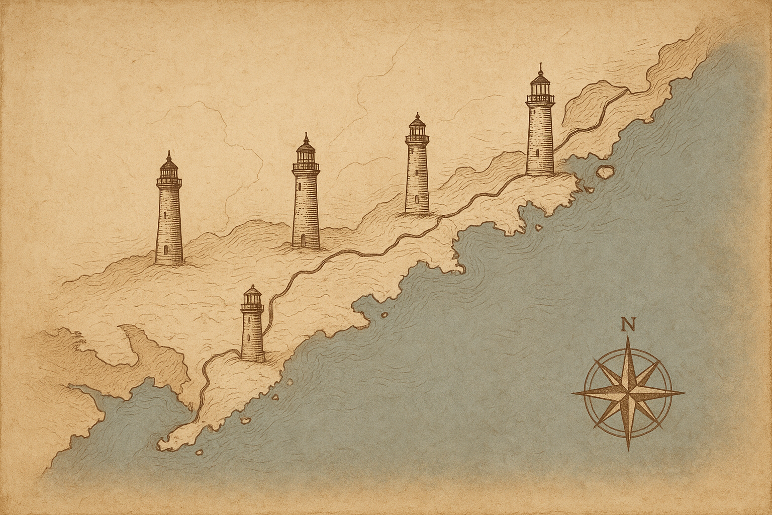 Archival-style illustrated coastal map showing five preserved lighthouse sites along a rugged northern shoreline with route lines and handwritten labels