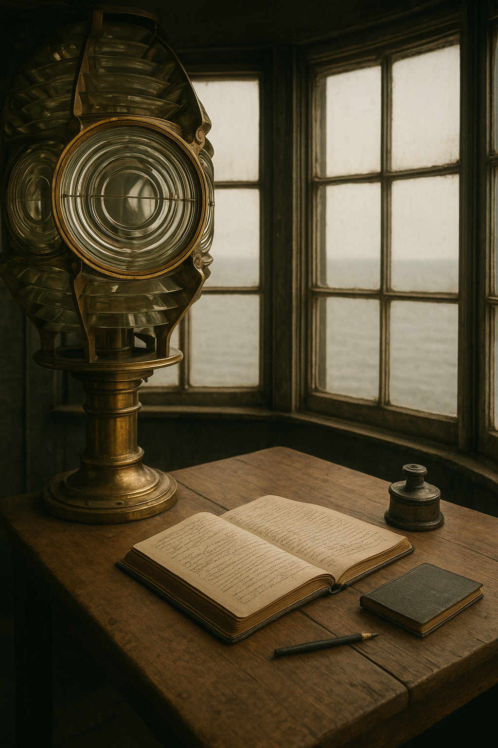 Archival lantern room with brass lens apparatus and keeper notes on a wooden desk