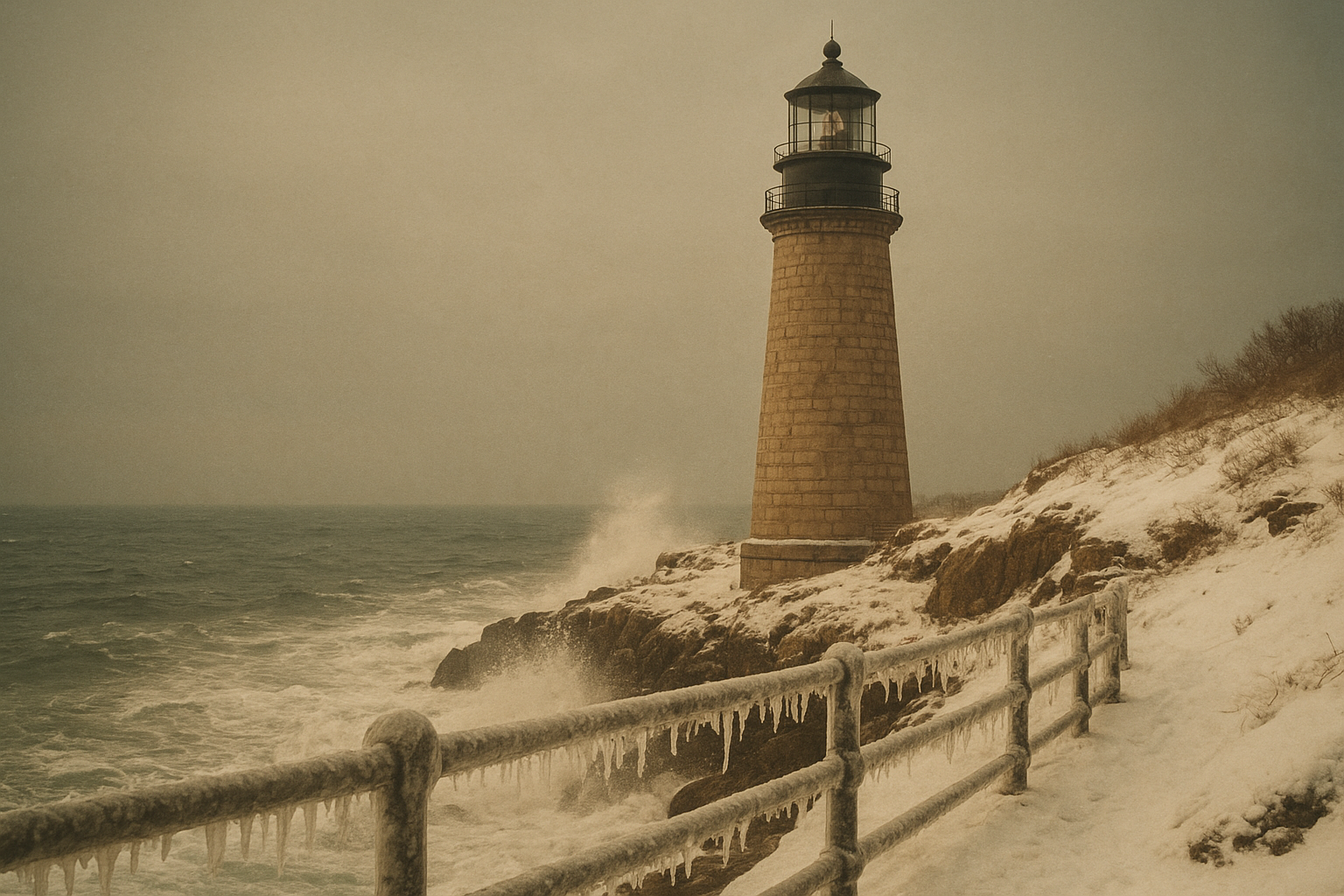 Snow-lined coastal signal tower at dusk with muted sky tones and visible weathering on the stone facade