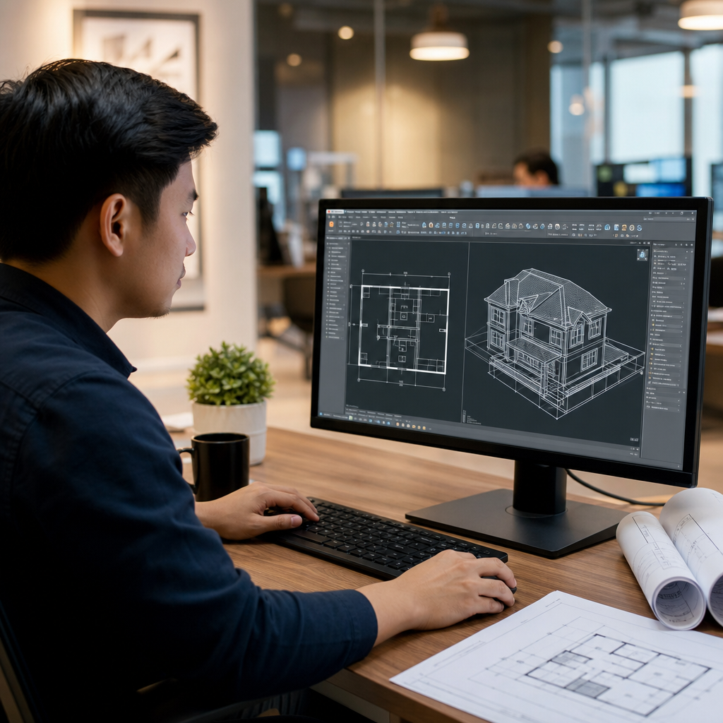 AutoCAD 2D and 3D training workstation with technical drawings