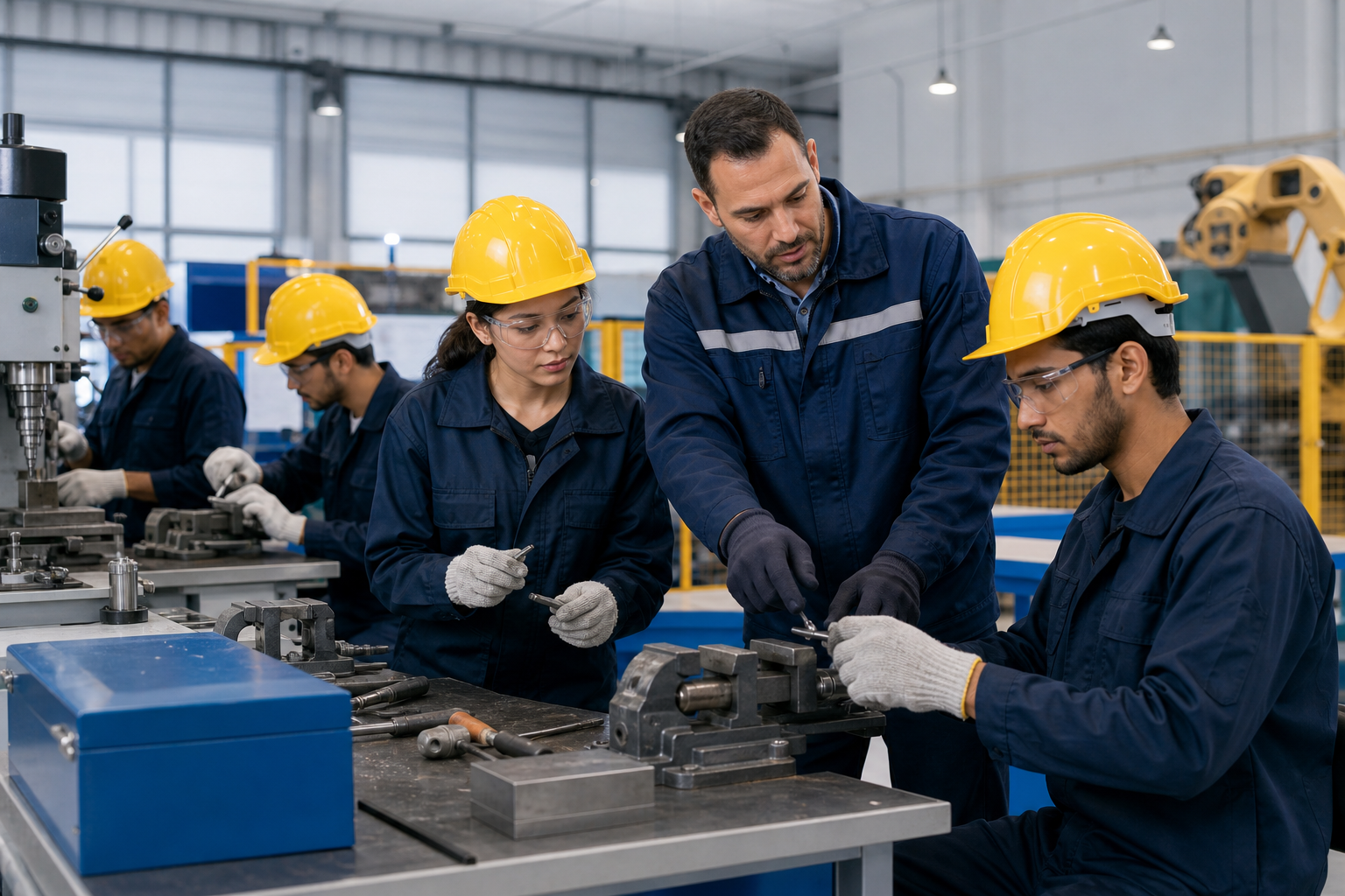 Industrial training workshop with adult students in safety gear practicing hands-on skills under instructor guidance