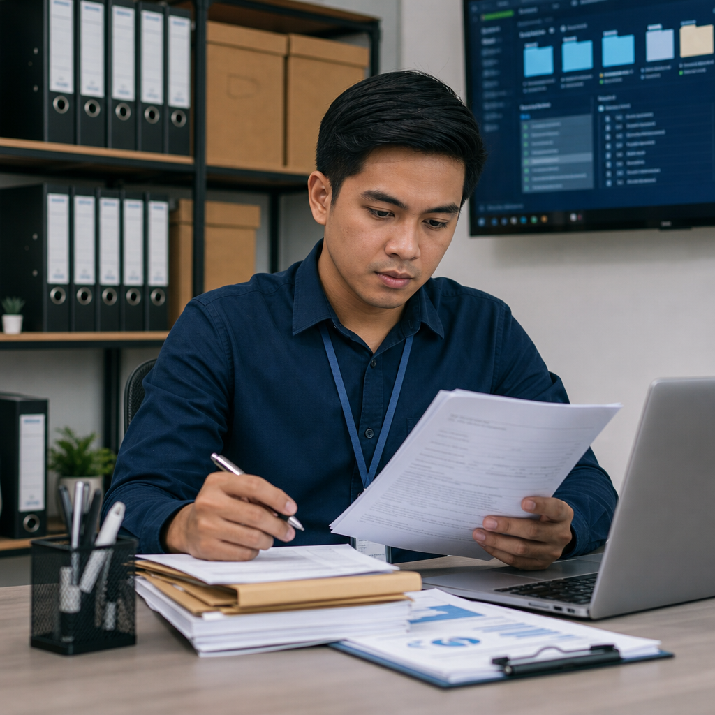 Organized document control desk with folders and laptop