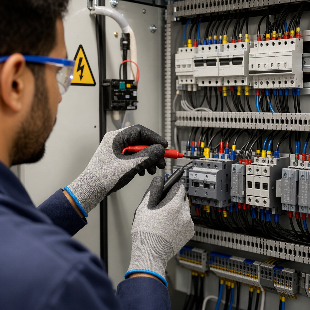 Technician hands wearing safety gloves inspecting electrical panel tools with caution markers