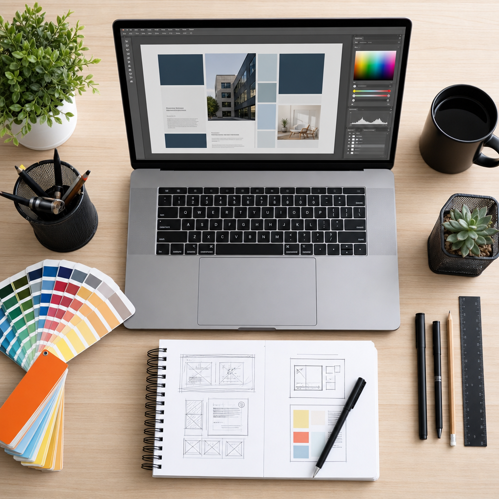 Graphic design fundamentals with a designer desk, color swatches, and a laptop displaying layout tools