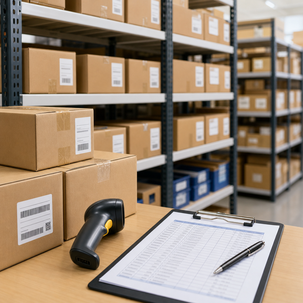 Warehouse shelving with labeled boxes, barcode scanner, and clipboard for inventory tracking