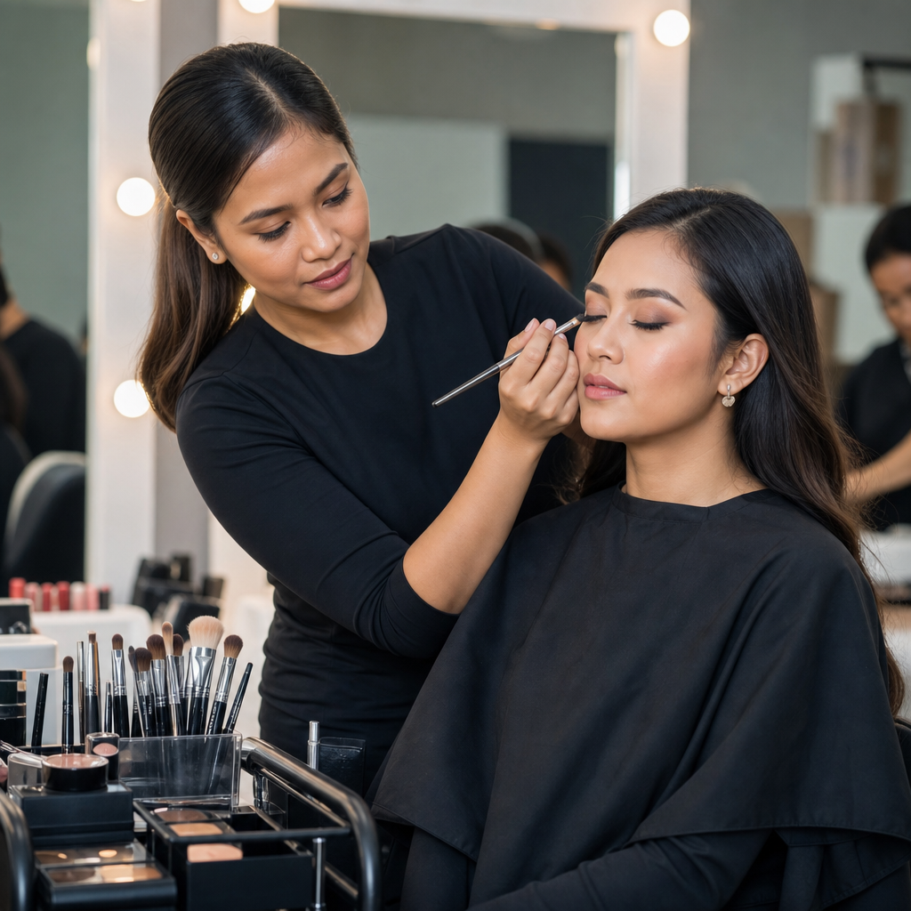 Make-up styling session with brushes, palette, and model