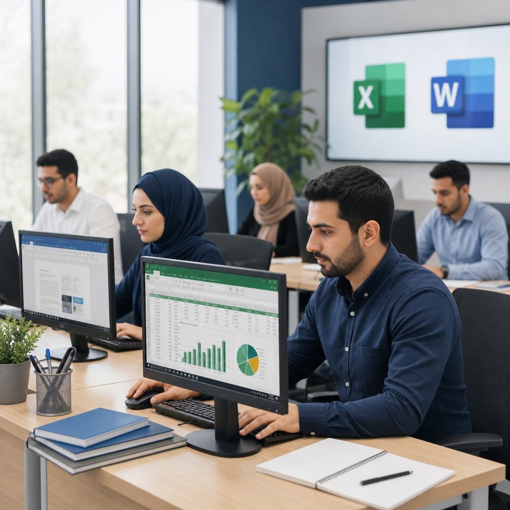 Laptop with Microsoft Office-style documents open on a tidy training desk