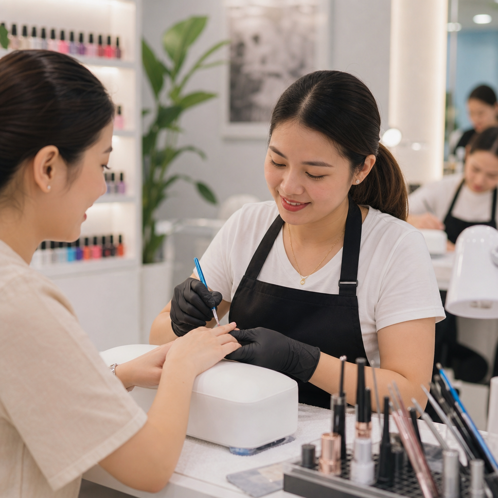 Professional nail technician tools with polished hands