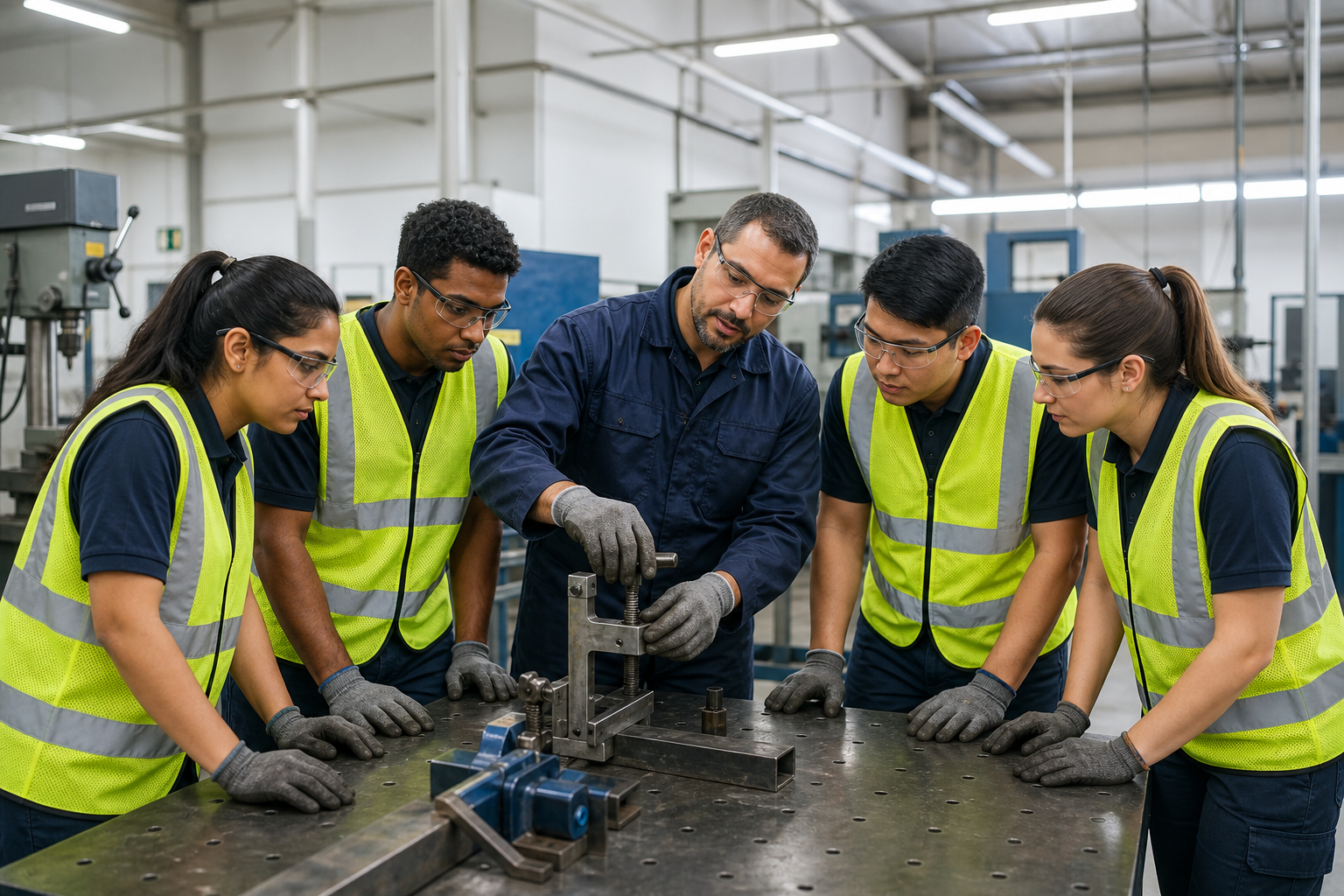 Hands-on industrial training workshop with trainees practicing equipment setup under instructor supervision