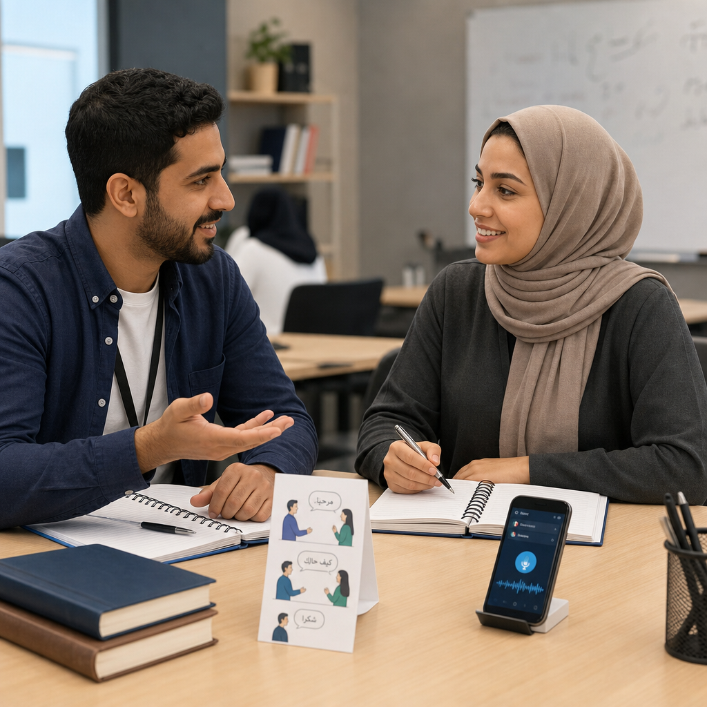 Two coworkers practicing Arabic conversation with notebooks and a phrase card on a table