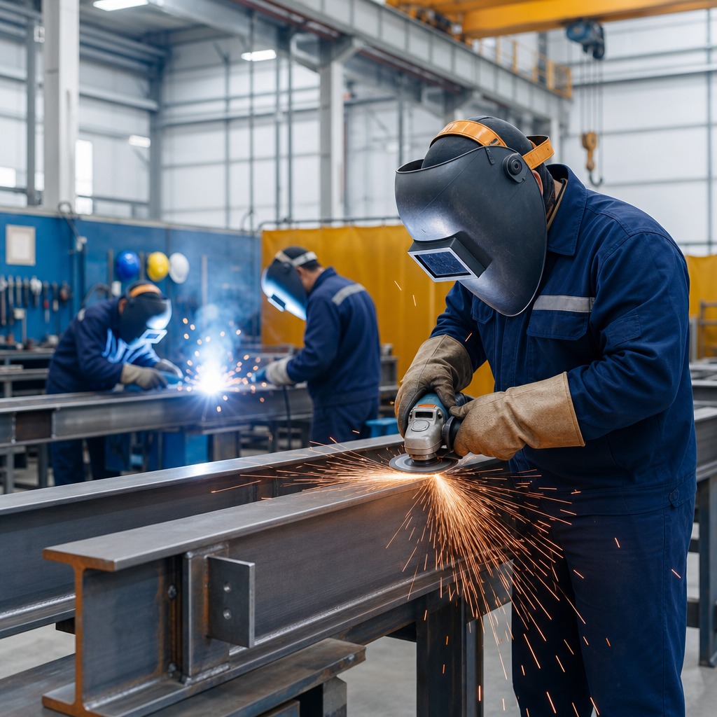 Professional fabrication workshop training scene with welders wearing safety gear, bright metal sparks from a grinder, and heavy structural steel beams in an industrial training environment