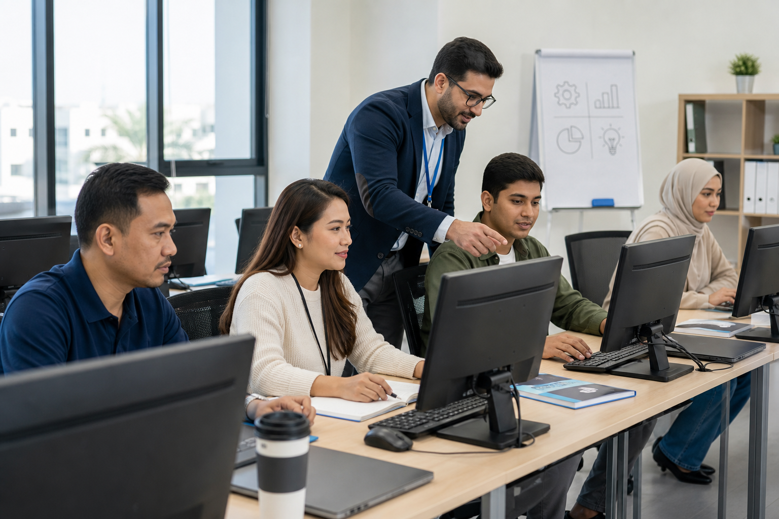Instructor guiding expatriate students in a modern training classroom with computers and course materials