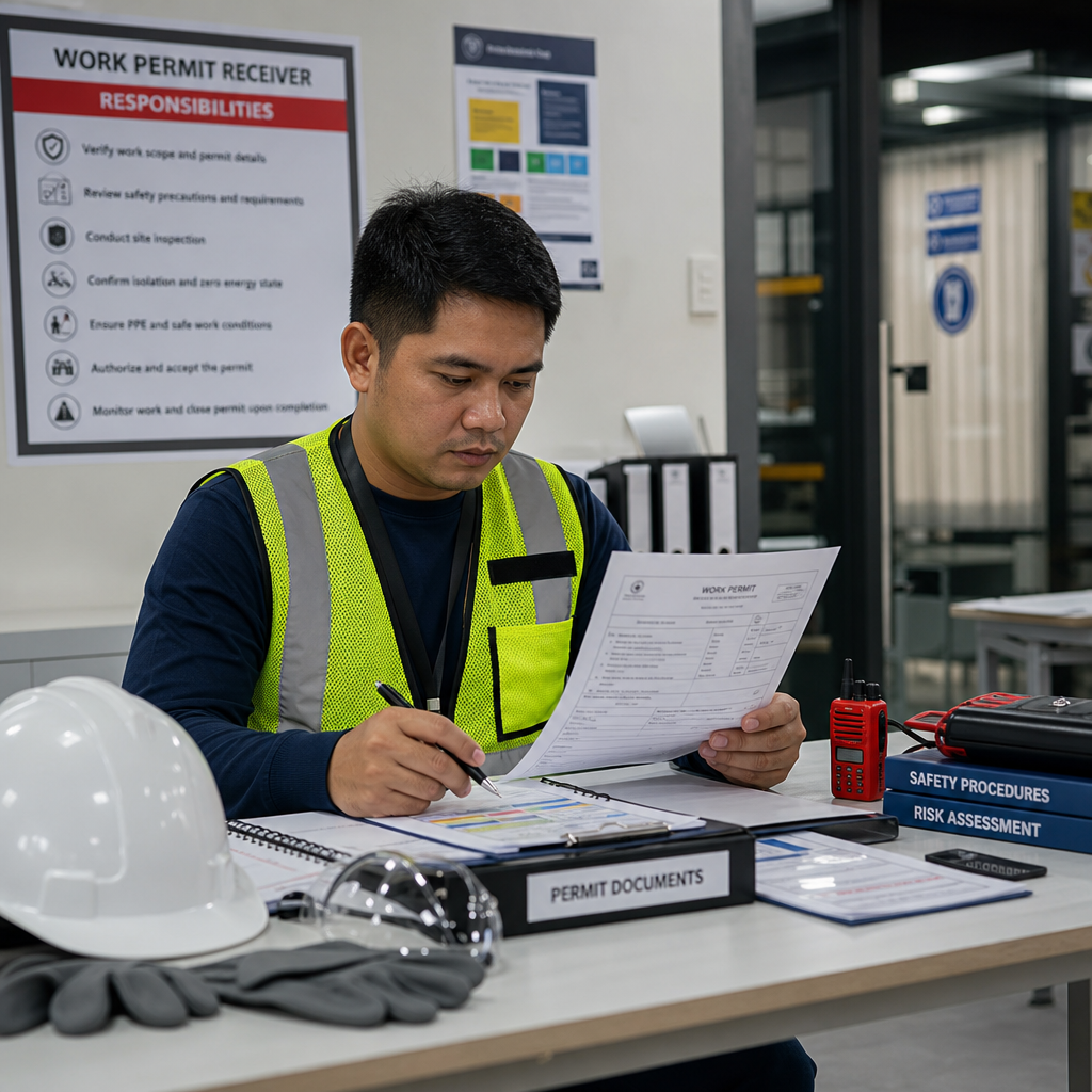 Work permit safety briefing with PPE and checklist