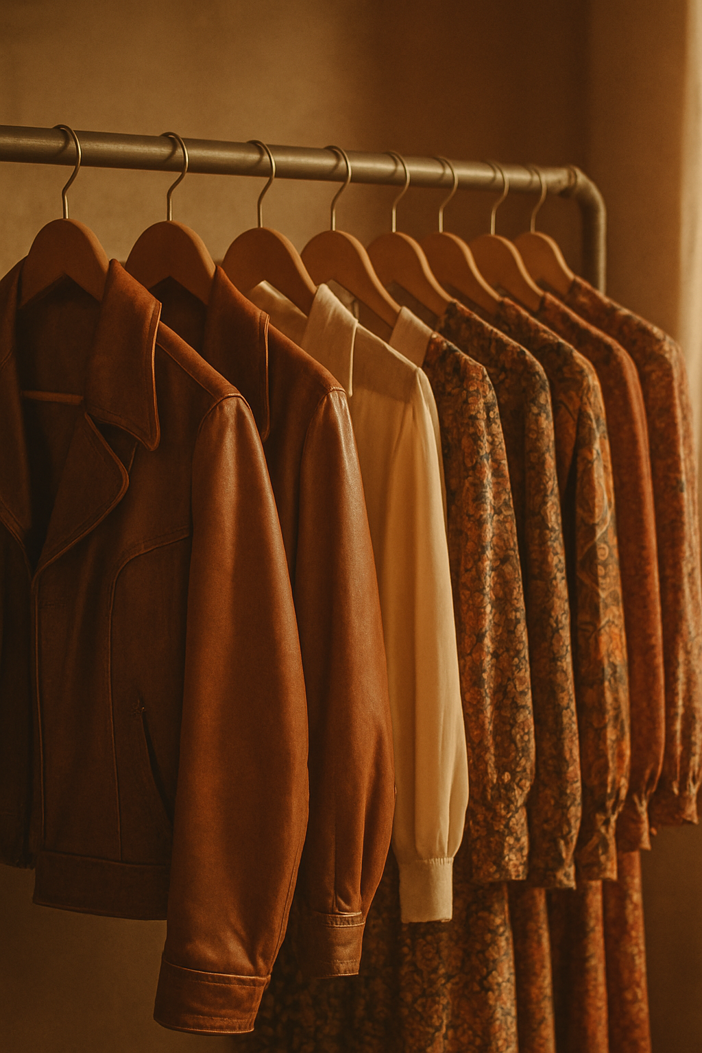Warm film-style portrait of a vintage clothing rack with 70s jackets, silky blouses, and soft golden light in a cozy boutique