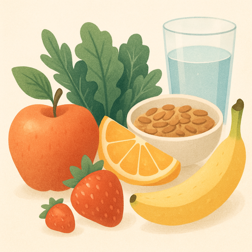 Gentle illustration showing fresh foods, grains, and a glass of water, conveying healthy nutrition for cancer patients