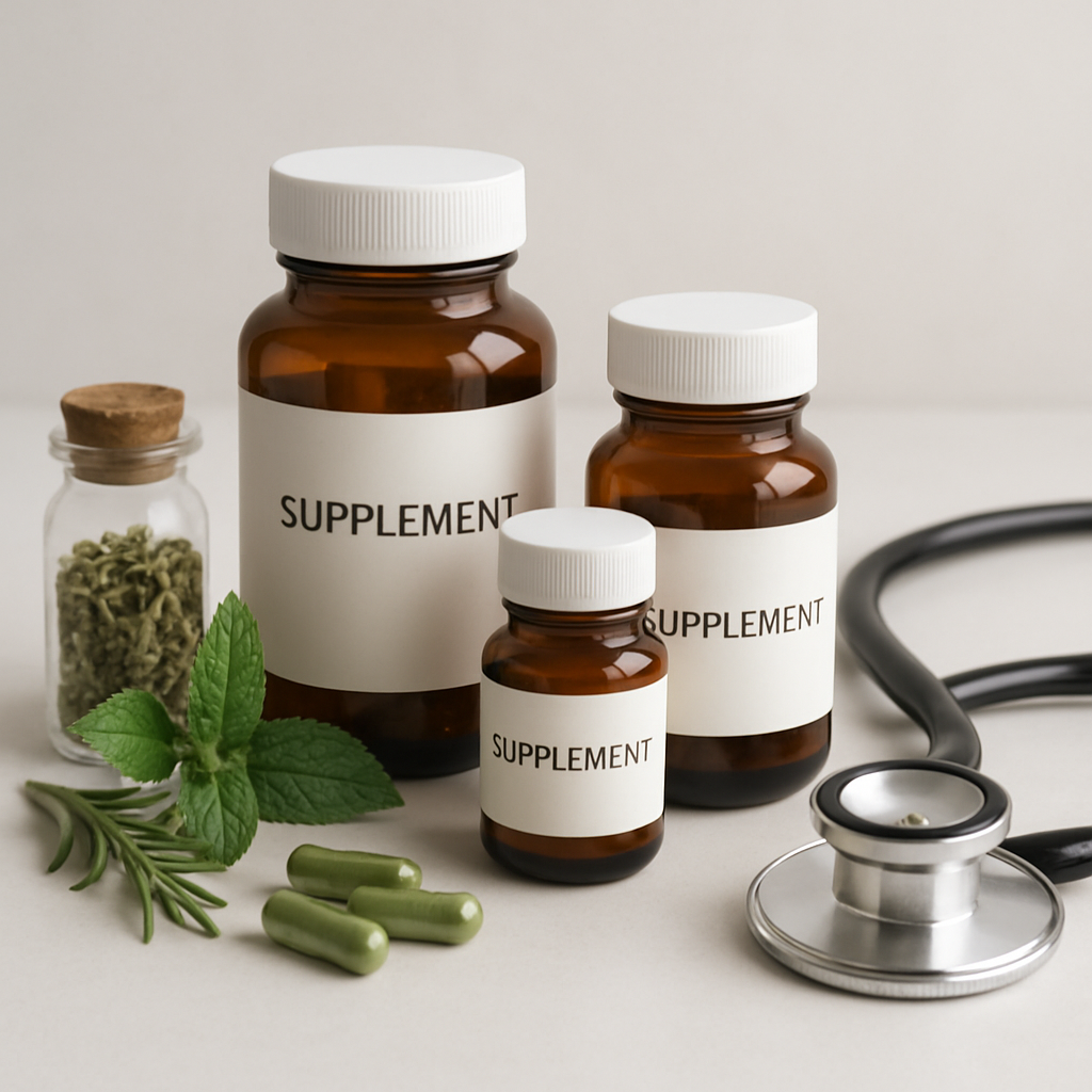 Assorted supplement bottles, herbal medicine, and a stethoscope arranged gently on a light healthcare background