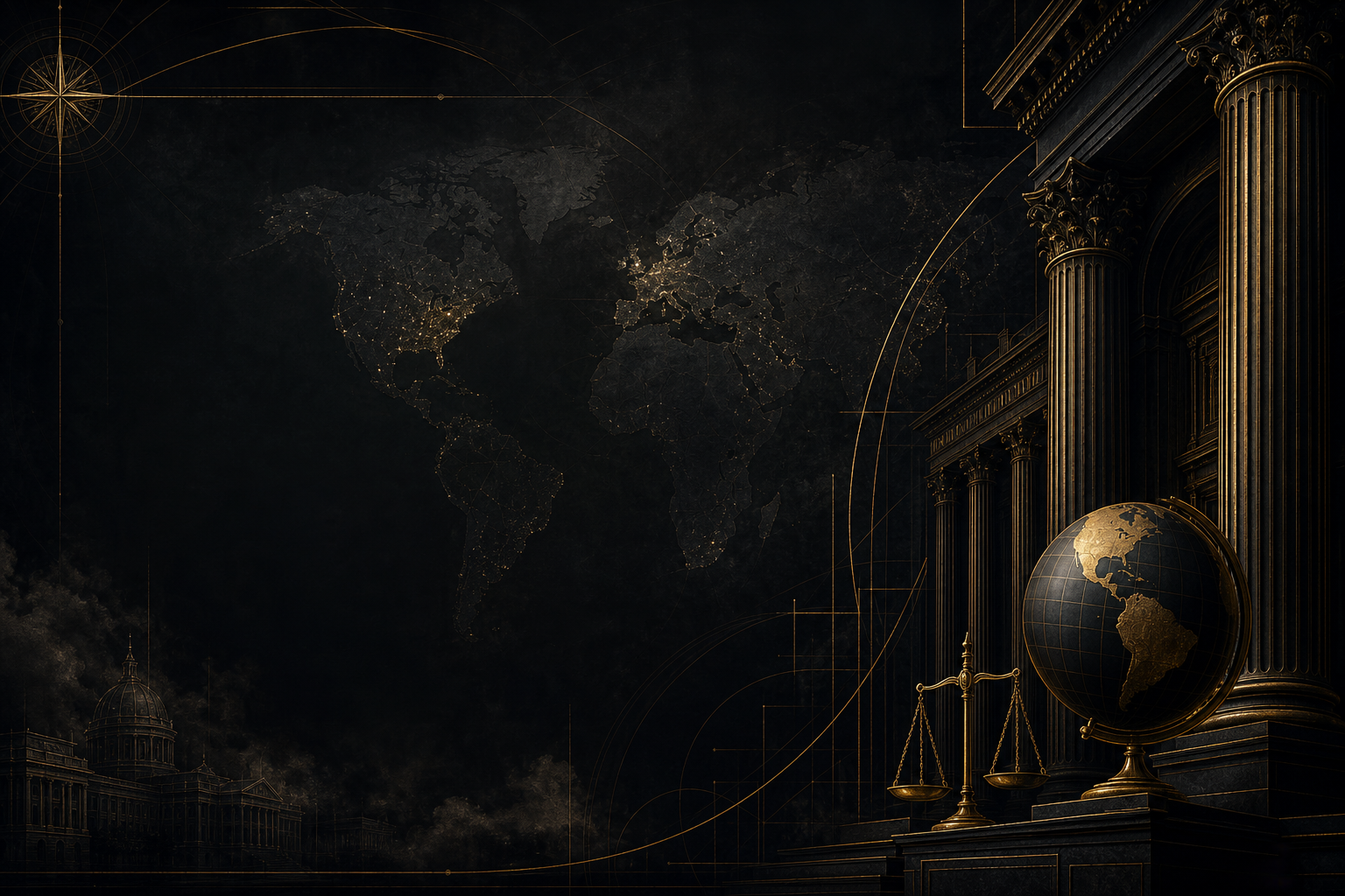 Elegant abstract global legal tableau combining a dark world map suggestion, architectural linework, and refined gold ceremonial accents