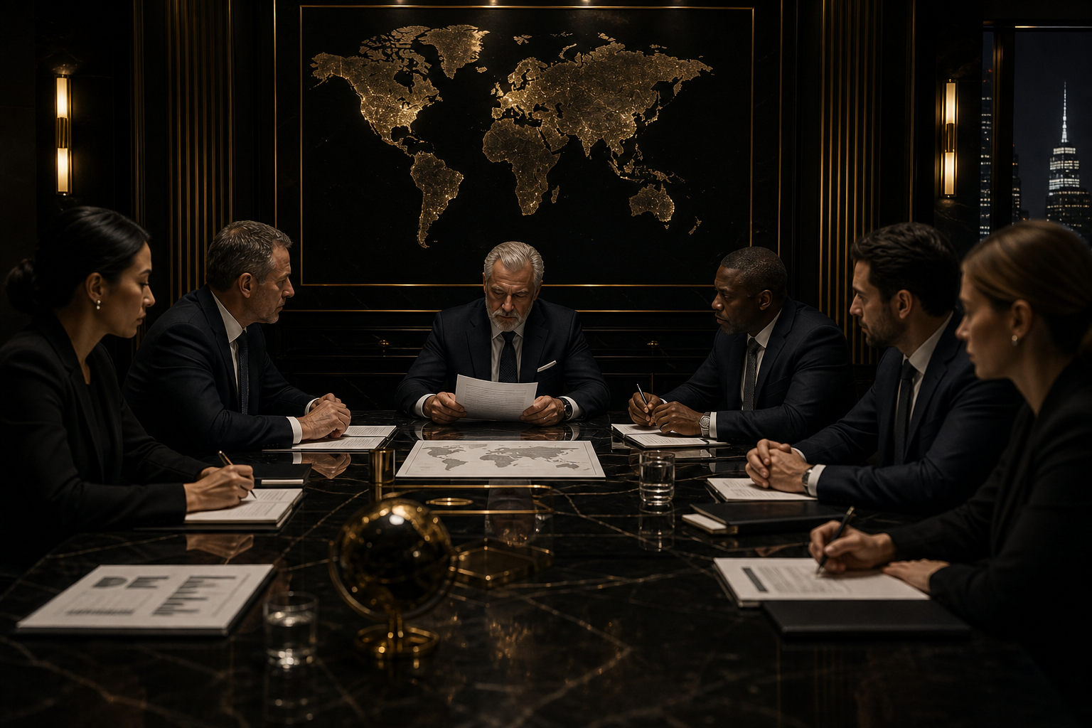 Cinematic view of a global legal boardroom with delegates reviewing cross-border investment briefs at a polished dark table