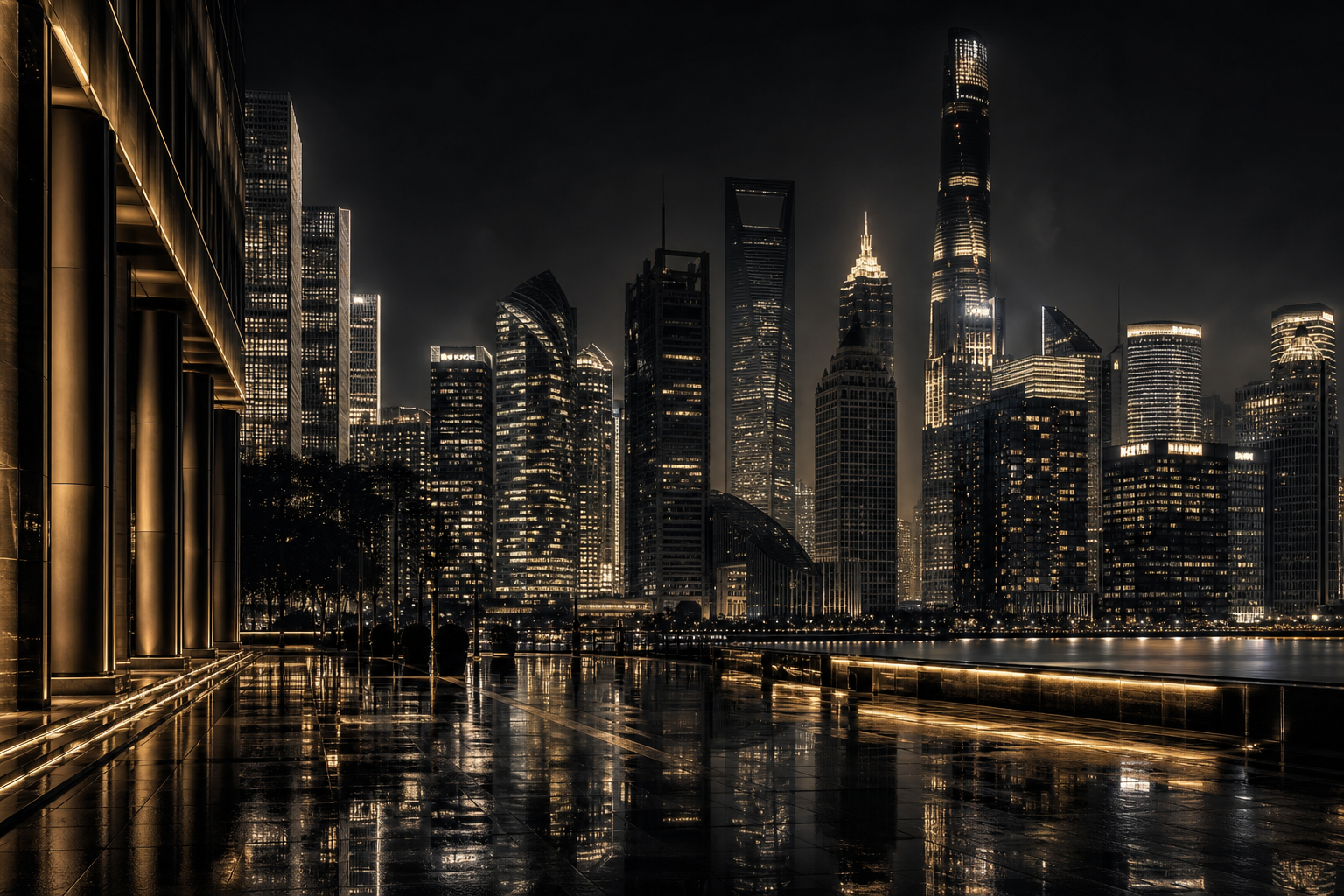 Night skyline with illuminated financial district towers symbolizing international capital movement and advisory reach