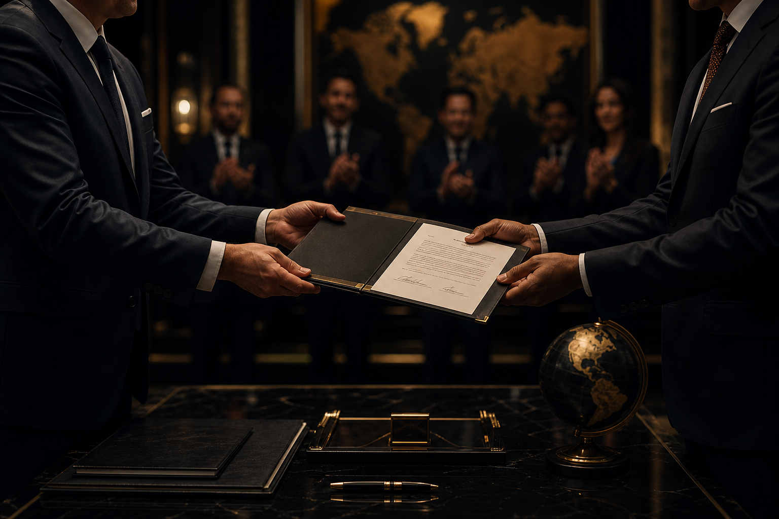 Formal legal signing ceremony with executive representatives exchanging institutional agreements in a dark luxury interior